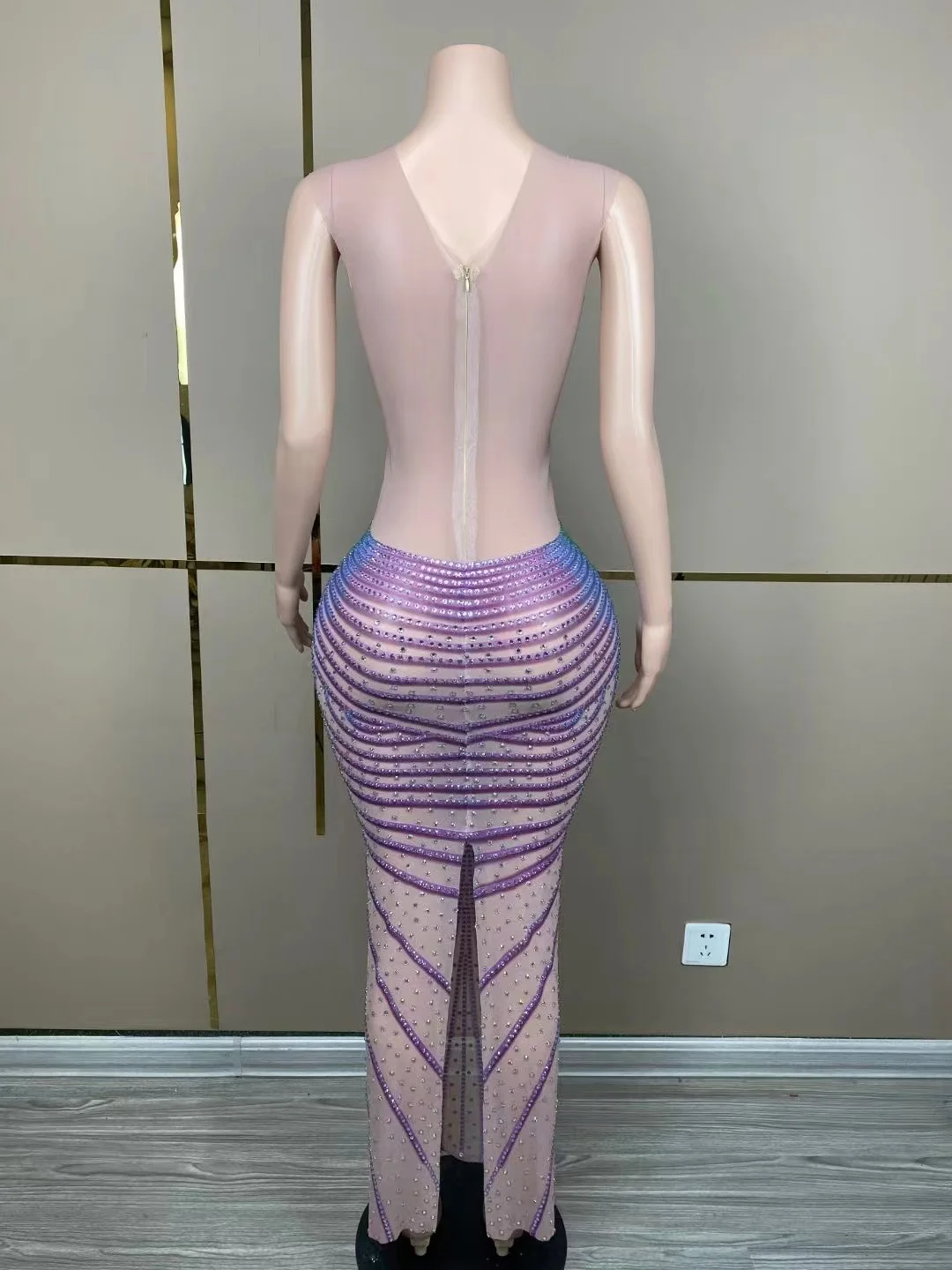 New Customized New Sling Mesh lace Transparent High Elastic Sequins Sexy Tight Dress Birthday Party  Dress Performance Longuette