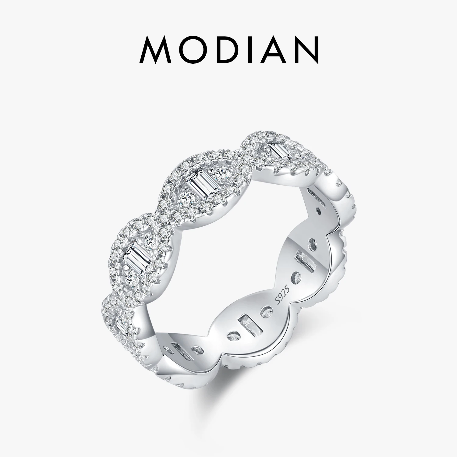 MODIAN 925 srebro musujące geometryczne przezroczyste cyrkonie Eternity Band pierścionki do układania w stosy dla kobiet piękna biżuteria na wakacje prezent