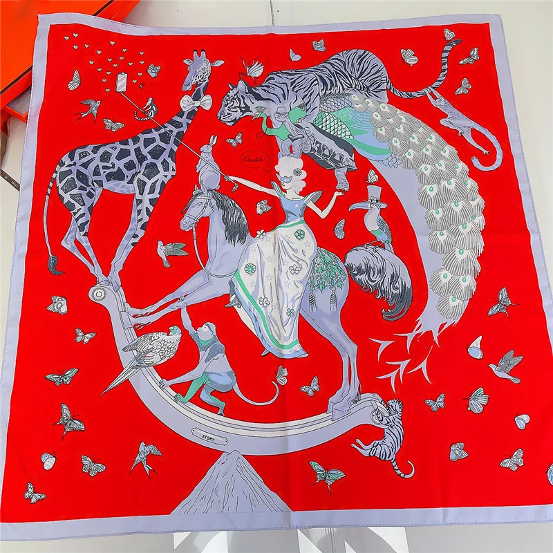 

90cm Hand Rolled Silk Scarf Woman Animals Painting Square Scarves Wraps Bandana Hijab Silk Foulards Tie Headband Neckerchief