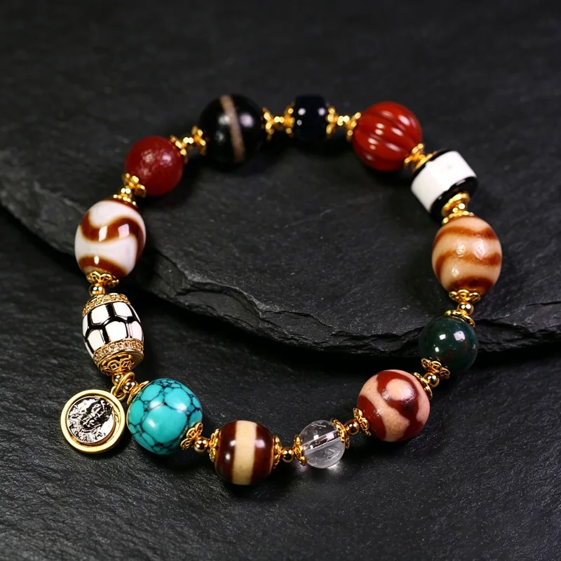 Natural Tibetan Agate Tiger Tooth Water Pattern Three-Eyed Dzi Bead Bracelet, Single Loop, Approximately 12x14mm