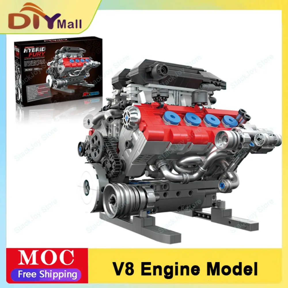 

MOC 1189 шт., суперкар V8, чемпион двигателя, модель автомобиля, обучающие механические характеристики, строительные блоки, подарки для взрослых