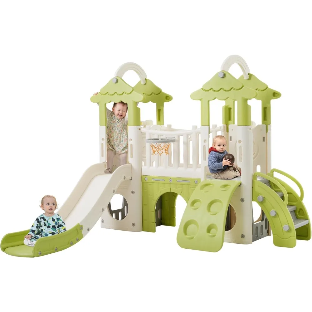 

8-in-1 Jungle Slide, Indoor Outdoor Toddler Playset with Basketball Hoop, Telescope and Climbing Wall, Tree House Design Baby