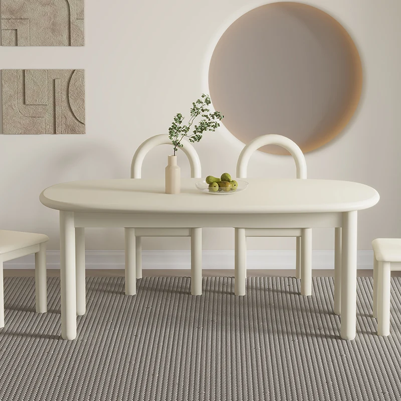 

01Nordic simple cream style solid wood dining table household wabi French oval dining table