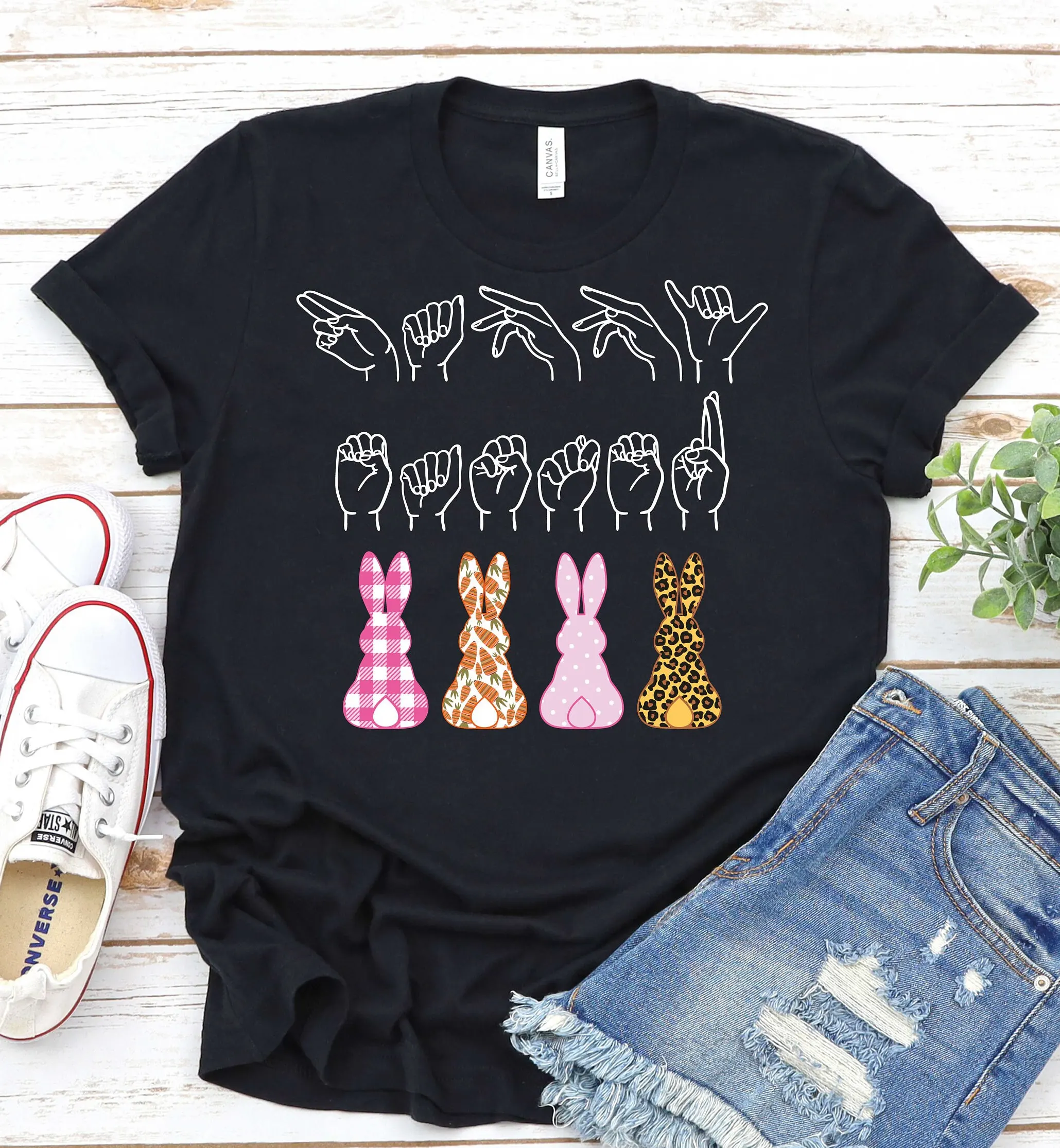 Asl T Shirt Happy Easter Day Sign Language Hand Deaf Pride Teacher Bunny