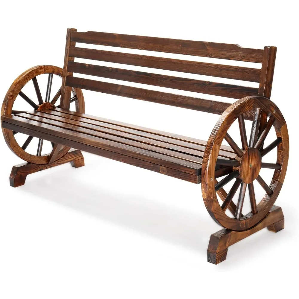 Outdoor Rustic Wooden Bench with Wagon Wheel Arms, 3 People Outdoor Bench Garden Bench Front Porch Furniture Patio Yard Park