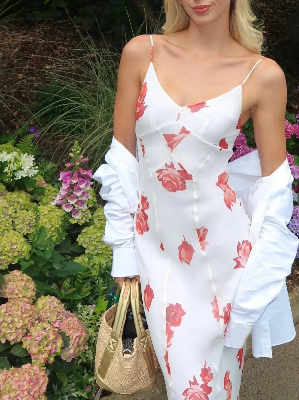 Rose Print Women 100% Silk Sling Robe Diagonal Cut V-Neck Sleeveless Holiday Slim Maxi Dress