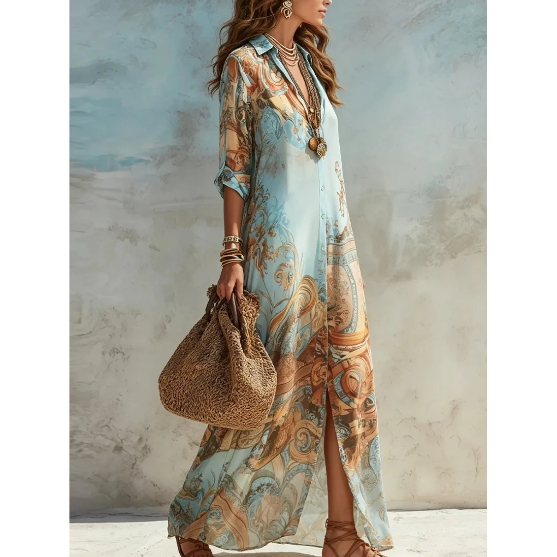 Summer New Style Women's Long Printed  Retro Drifting Dress High Waist Five Pants Polyester Fabric Ladies Gown