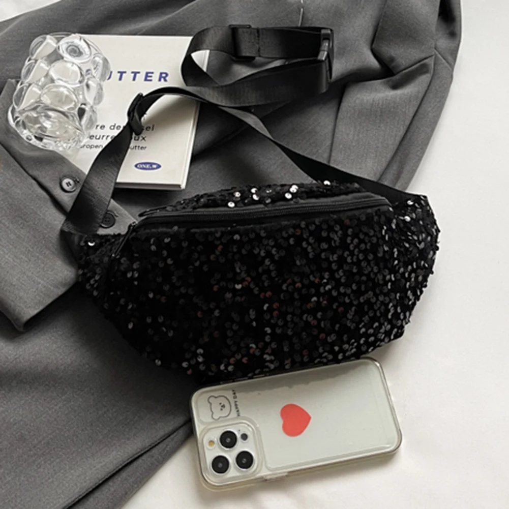 

Women Trendy Crossbody Bag PU Leather Sequin Fashion Chest Bags Adjustable Strap Shining Single Shoulder Bag