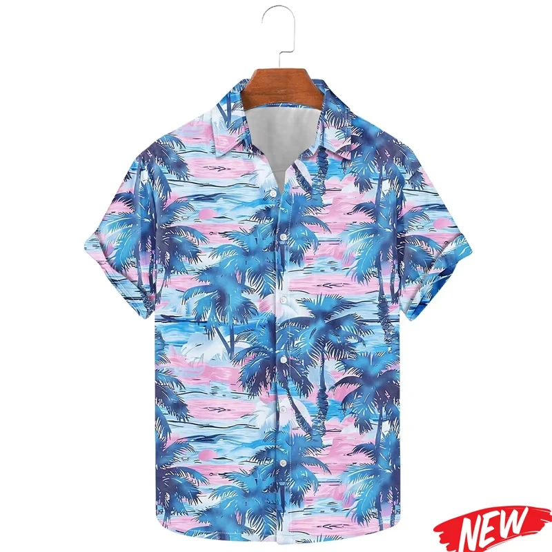 

2026 New Tropical Tree Pattern Hawaiian Shirt Men 3d Printed Plants Leaf Beach Short Sleeve Lapel Shirts Streetwear Button Shirt
