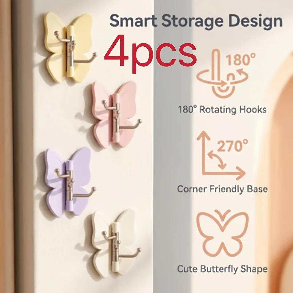 Macaron Pastel Butterfly Shape Damage-Free Adhesive Hook, Dual Rotating Metal Hook Design, Multi-Angle Wall & Corner Storage Organizer Bulk Supply