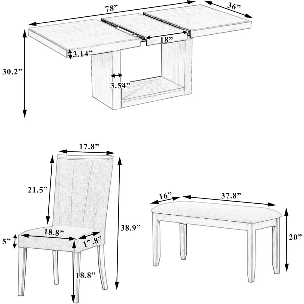 78 Inch Extendable Dining Table Set with 18inch Removable Leaf, Wood 6-Piece Dining Table Set with 4 Dining Chairs & 1 Bench