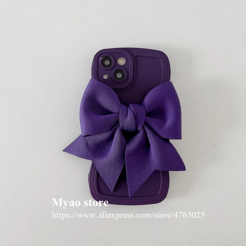 الأرجواني الداكن ثلاثية الأبعاد القوس موجة جراب هاتف آيفون 16 15 14 13 12 11 برو ماكس X XR XS لطيف غطاء الحلوى عدسة الكاميرا واقية