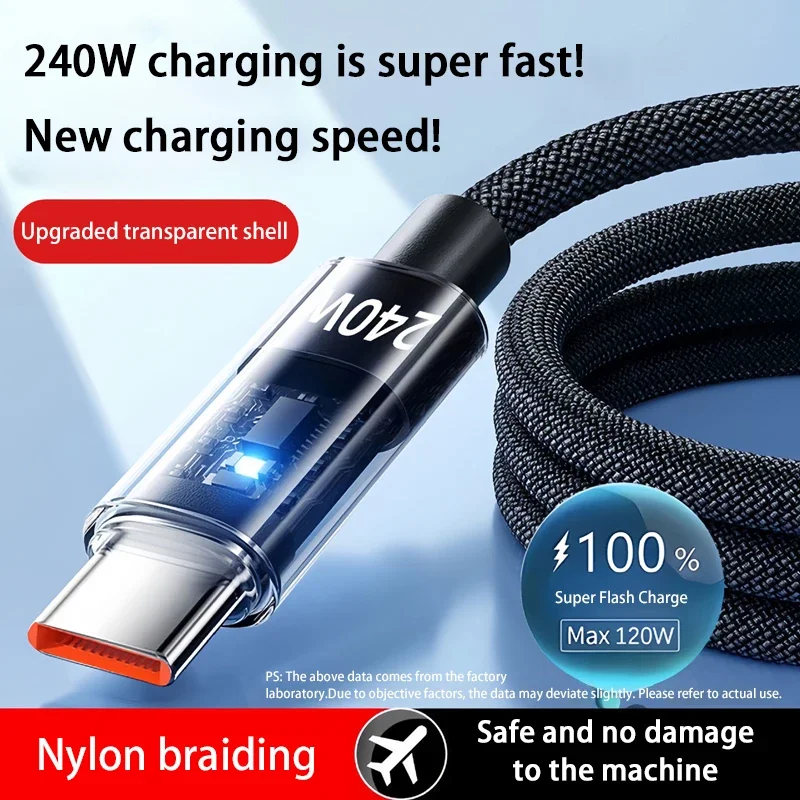 240W USB Type C Super Fast Charging Cable For iPhone Samsung Huawei Xiaomi LED Digital Display Nylon USB C Charger Data Cord