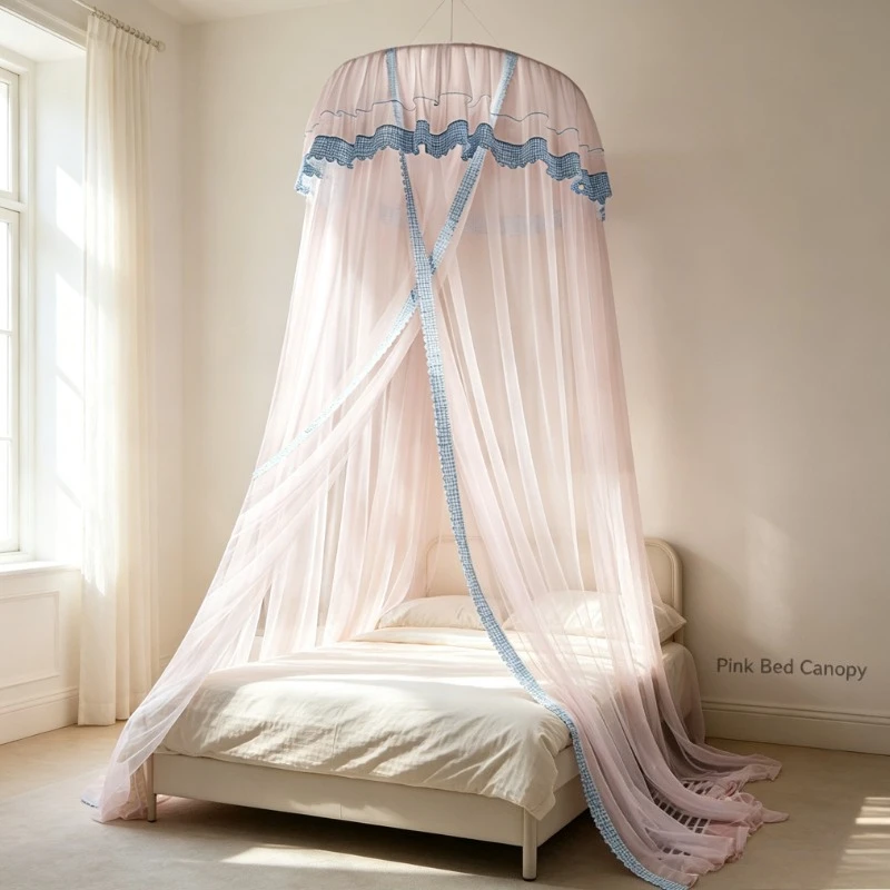 Pink Round Top Bed Canopy Ceiling Hanging Princess Style Mosquito Net for Bedroom Decor