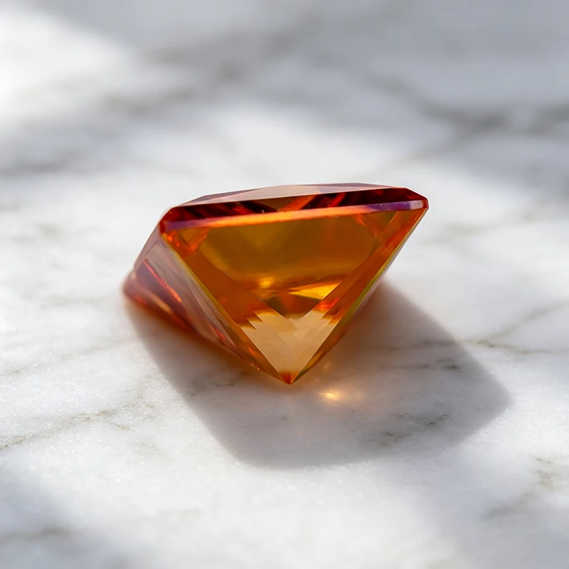 Moissanit-Stein im Princess-Schliff, orange Farbe, im Labor gezüchteter Edelstein für DIY-Schmuckherstellung, besteht den Diamanttest mit Zertifikat. – Detail 4