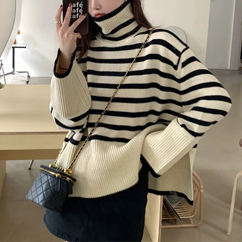 Women\'s Striped Turtleneck Sweater, Long-Sleeved Loose Outer Slit Top Warm, Thickened, Knit, Casual Streetwear, Tops, Y2k, 2024