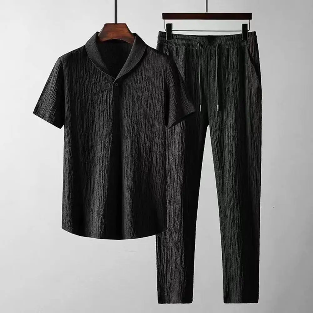 Classic Shirt Trousers Set Lightweight Men Outfit Solid Color Short Sleeve Shirt Drawstring Long Pants Set Sweat Absorbing