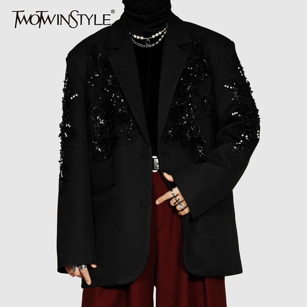 

TWOTWINSTYLE Black Spliced Sequins Basics Jacket Female Lapel Long Sleeve Loose High Street Women's Jackets Autumn Fashion New