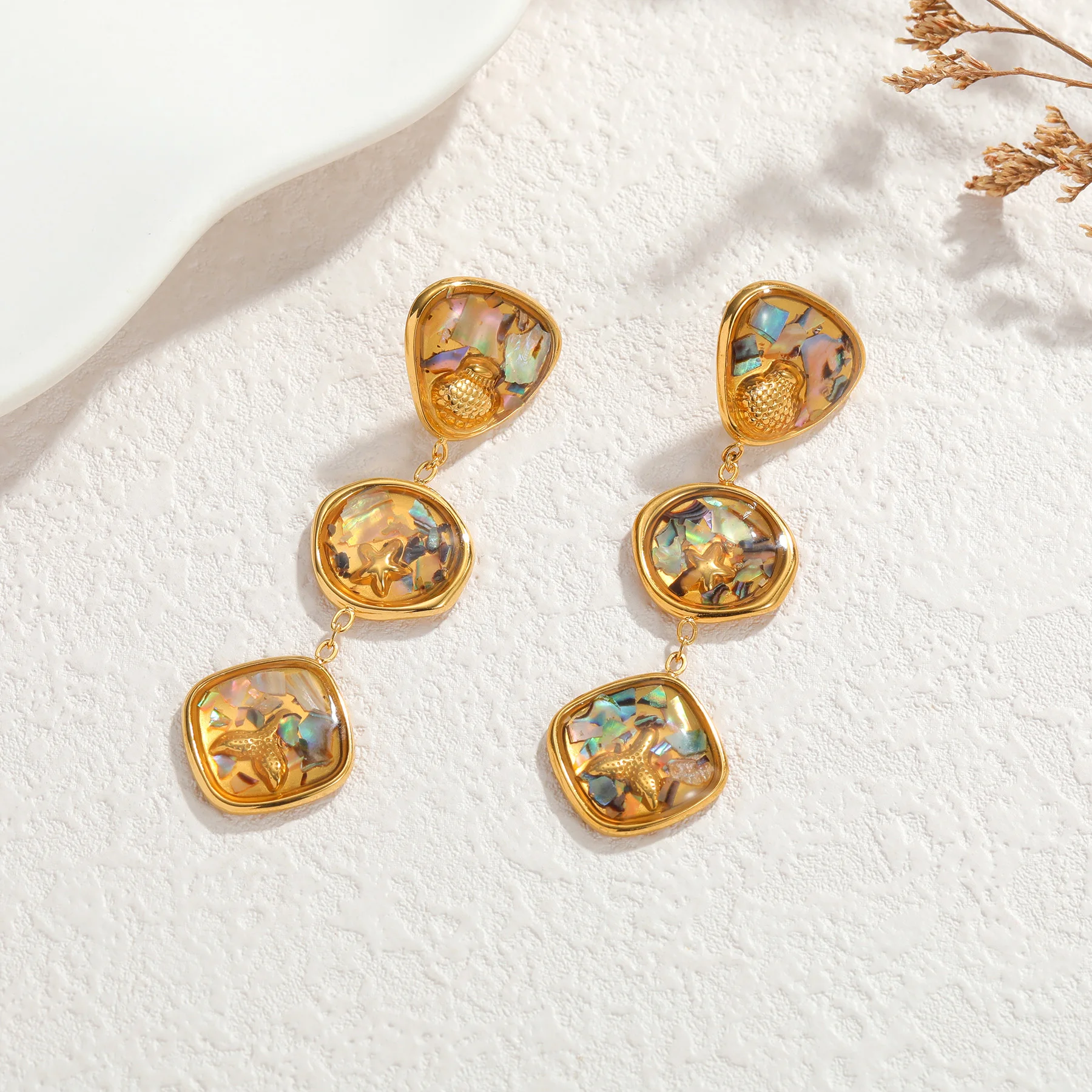 18K Gold Plated Natural Abalone Shell Earrings for Women Stainless Steel Multiple Styles Irregular Statement Ocean Jewelry Gifts