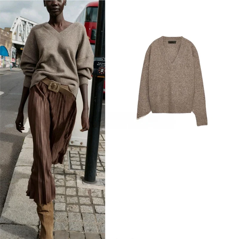 

New Autumn Women's Long Sve V-Ne Knitted Top Soft Polyester Fiber Simple Sle Printed Diamond Pattern Layered Design