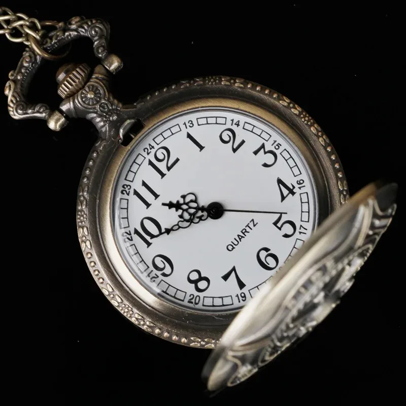 빈티지 청동 소방 패턴 석영 주머니 시계 고품질 아랍어 숫자 목걸이 펜던트 체인 남성과 여성의 선물