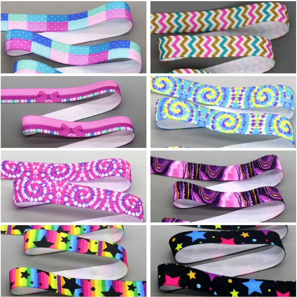 DHK 5/8'' 5yards Dot Pattern Marble Tie Dye Chevron Star Printed Fold Elastic FOE Stretch Ribbon Hairbow Headband DIY C1763