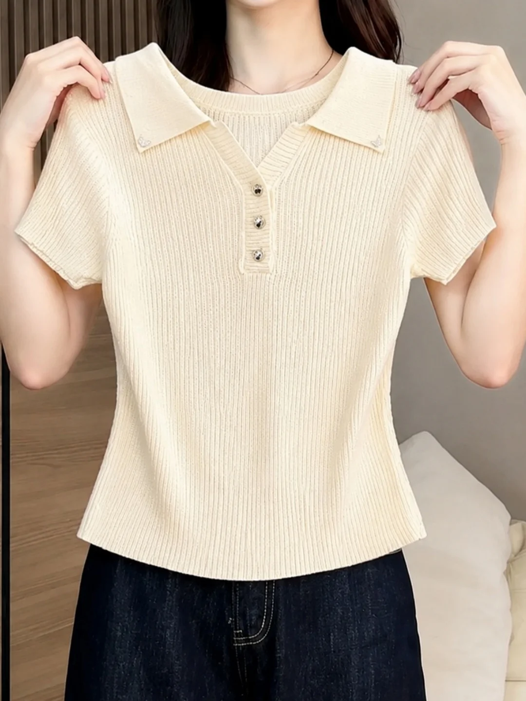 

Summer Comfortable Slim Fit Color Knitwear Short Sleeve Design Sensation Fashionable Top Women's Korean Style