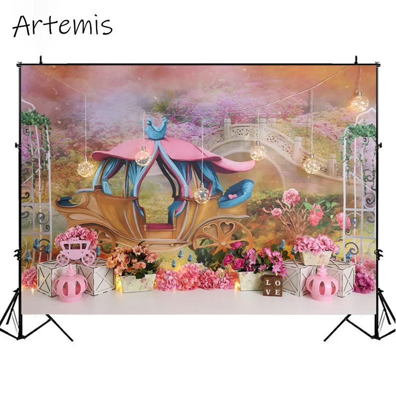 Kids' Birthday Portrait Photo Background Princess Pumpkin Wagon Oil Painting Cake Smash Decorate Backdrop Photography Studio