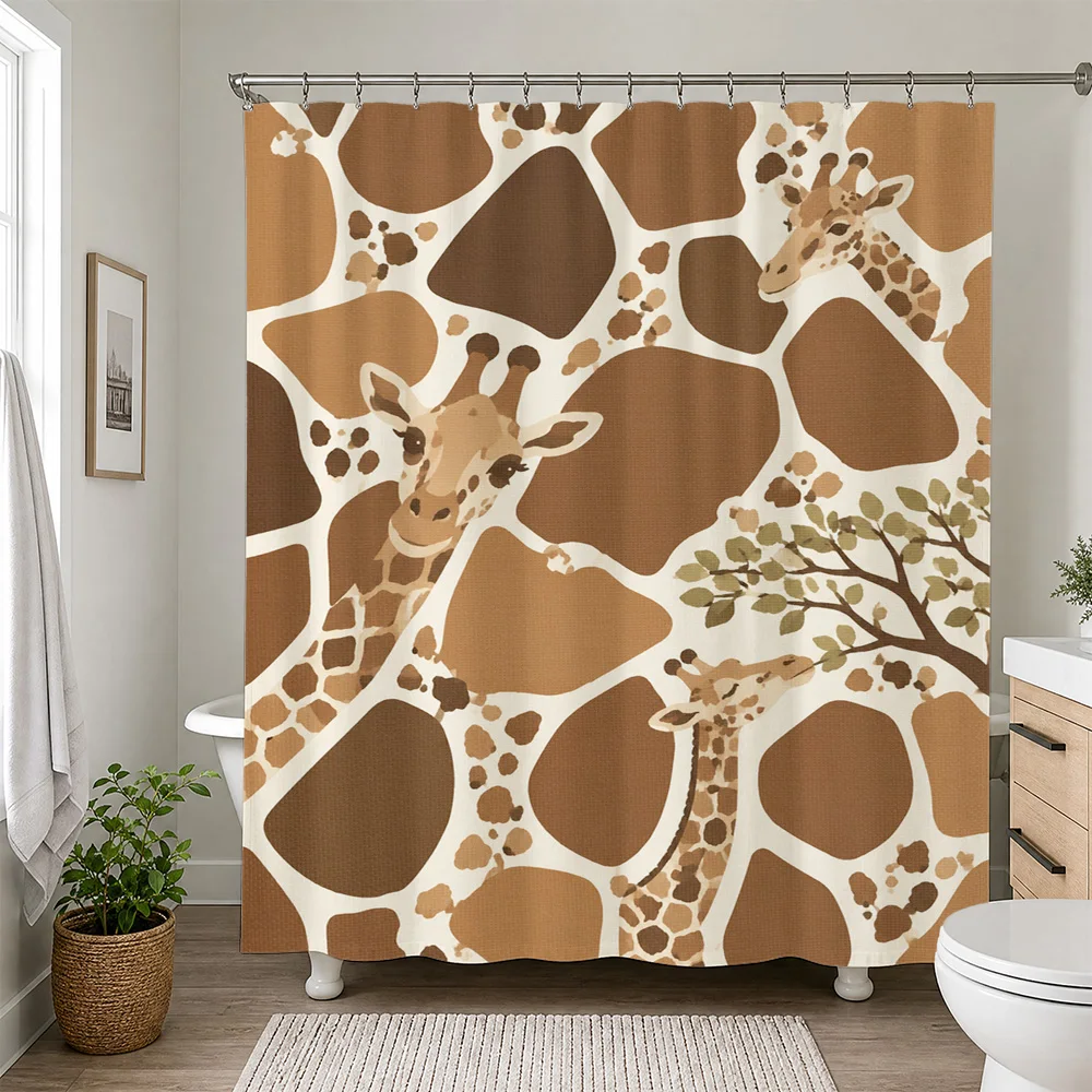 Safari Animal Print Shower Curtain Jungle Safari Lion Giraffe Leopard Tropical Bathroom Shower Curtain
