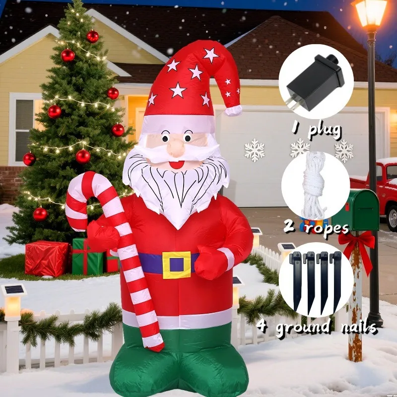 1.5M Inflatable Light Up Christmas Bearded Santa Claus Ornament Holding Candy Cane for Outdoor Yard Holiday Decor
