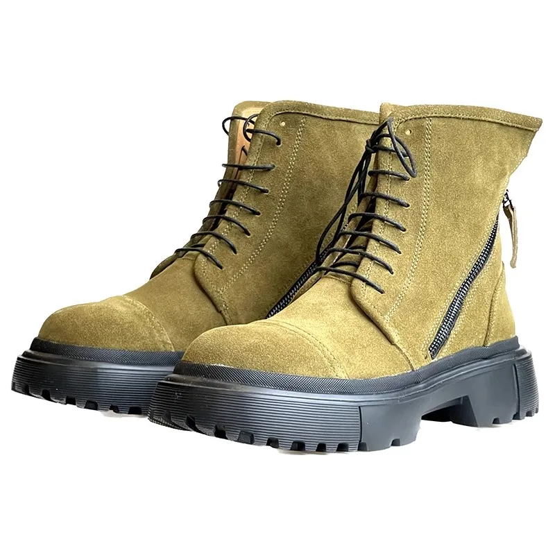 

New Green Nubuck Leather Lace Up Double Zipper Round Toe Thick Sole Ankle Boots Men High Top Genuine Leather Western Boots