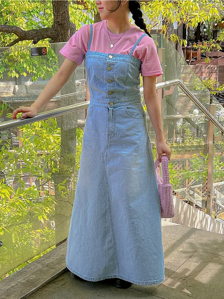 

Early Autumn 2025 Vintage Design Waist-Cinching Strapl Single-Button Slit Denim Dr Street Sle Regular Thin