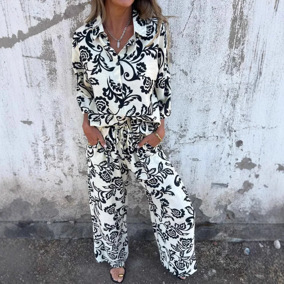 

Women's Boho Print Long Sleeve Shirt Trousers 2-Piece Set New Stretch Belt Simple Pocket Pants Fashion Casual Set Women's