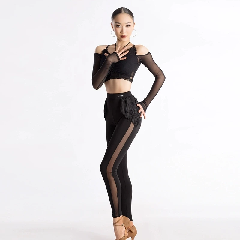 

New Latin Dance Practice Clothing Set for Women Vest+Mesh Top+Tassel Pants 3pcs Girls Tango Samba Rumba Training Clothes