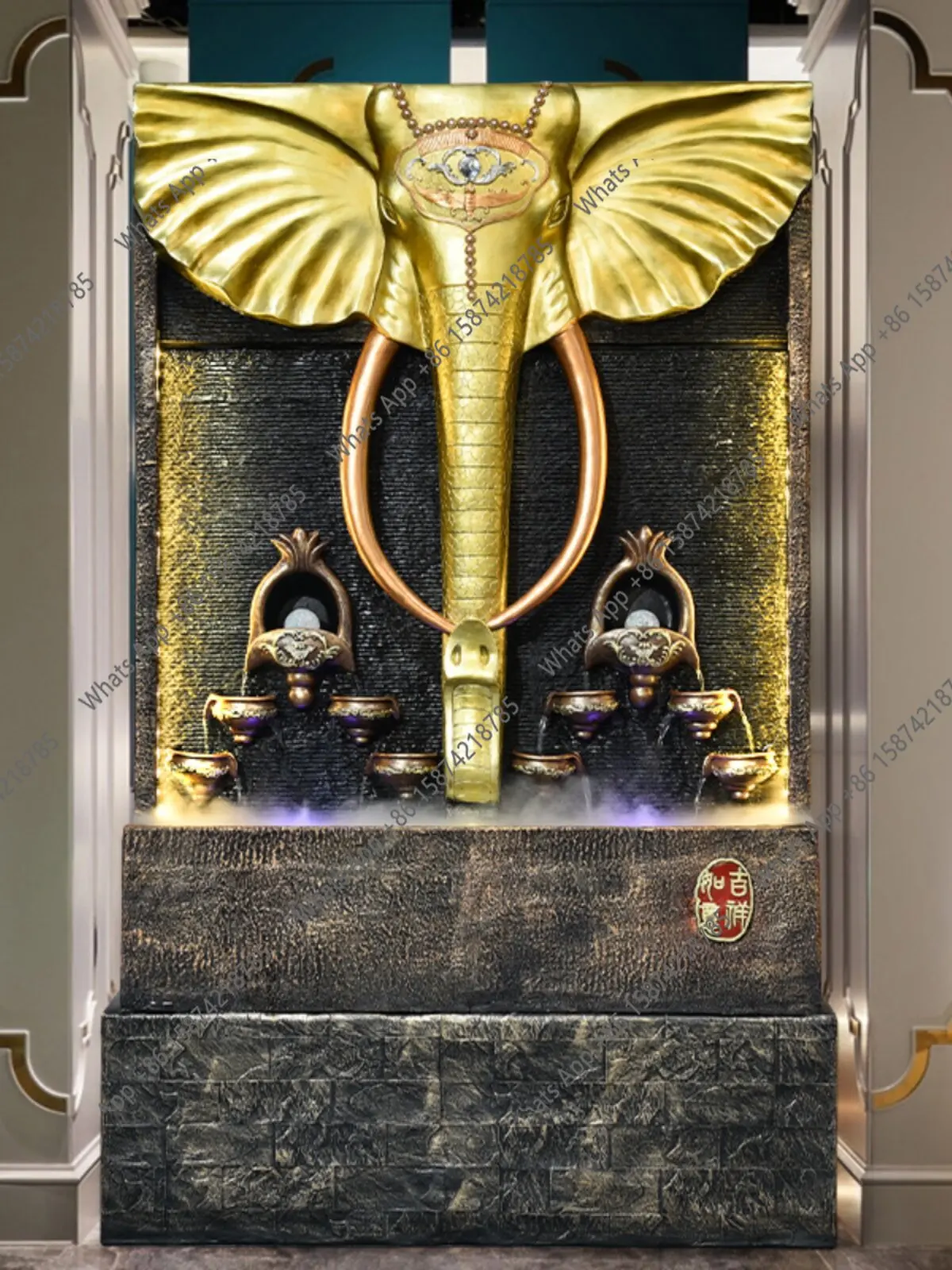 Flowing water fountain elephant floor ornament water curtain wall office lucky villa entrance