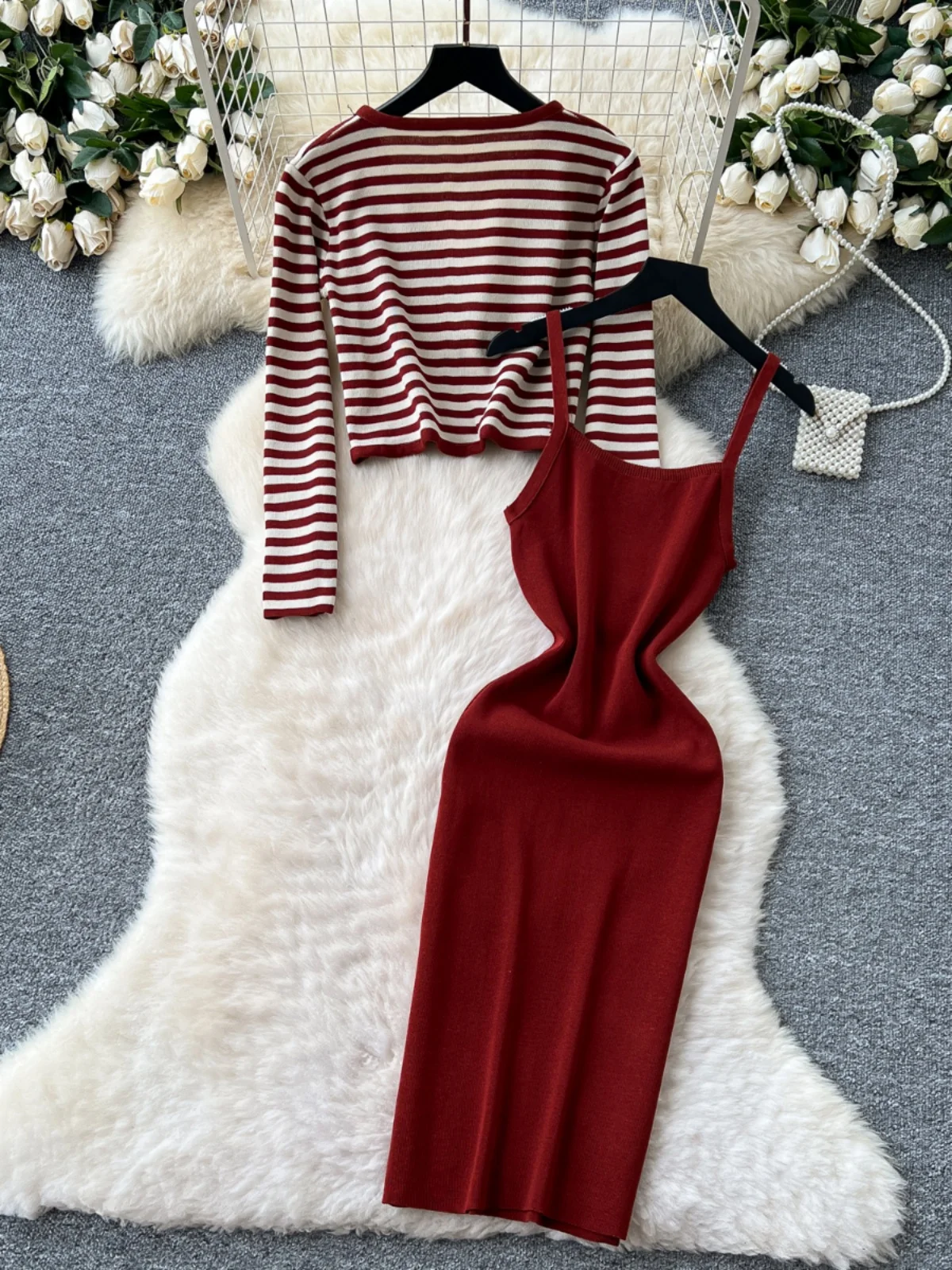 

Women's Knitted Set 2025 New Waist-Cinching Slimming Strap Dr Long Sve Stripe Knitted Open Cardigan Outerwear