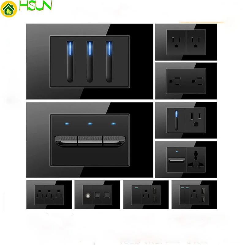 

Brazil Mexico socket 118 type tempered glass black USA Standard 15A with LED light switch Philippines Thailand Canada socket USB