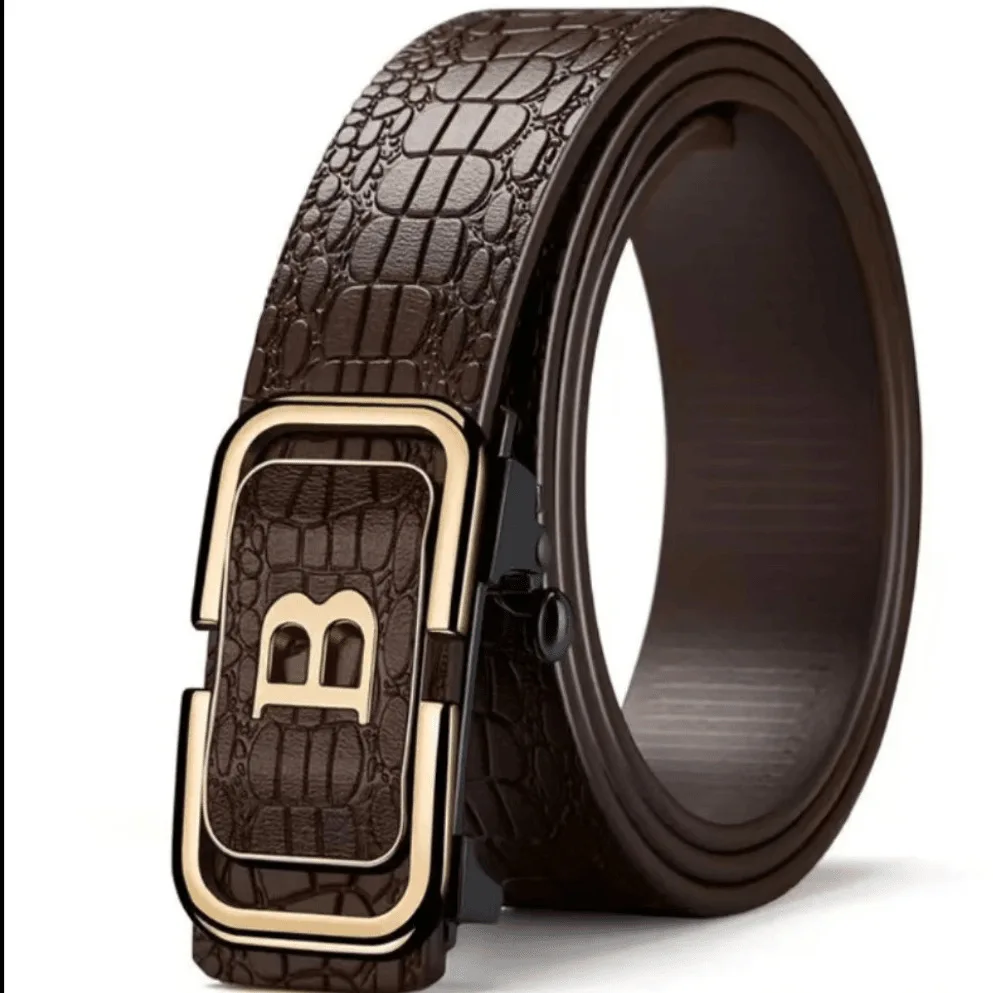 เข็มขัดผู้ชายแบบ B หัวเข็มขัดอัตโนมัติแบบไม่มีฟัน วัสดุ PU สไตล์เรียบง่ายสำหรับธุรกิจ