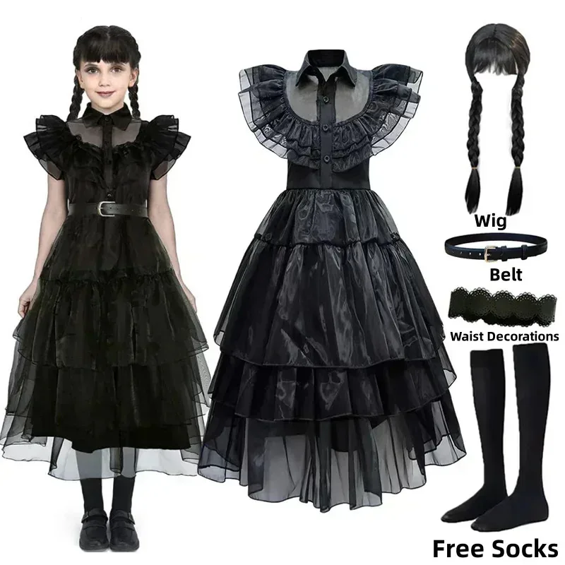 

Wednesday Addams Dress Up Costume for Girls Birthday Halloween Cosplay Party Dress with Wig Socks Belts For Kids 2-12 Years