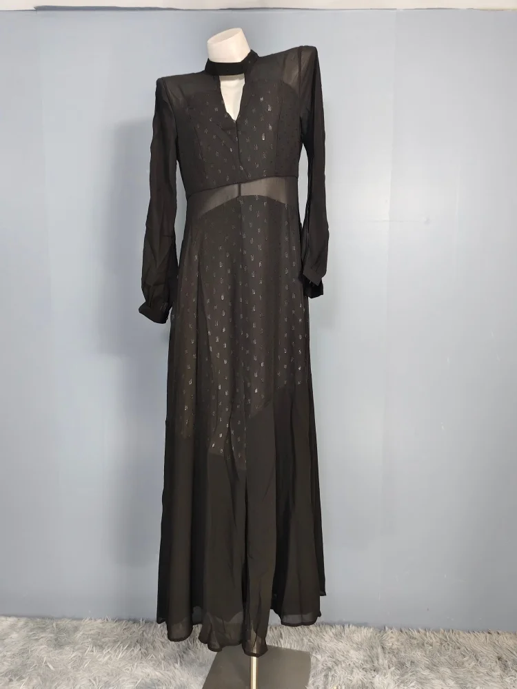 

Блестящее платье с длинными рукавами и прозрачными вставками в стиле Хепберн, А-силуэт, из полиэстера, без стрейча, на все сезоны