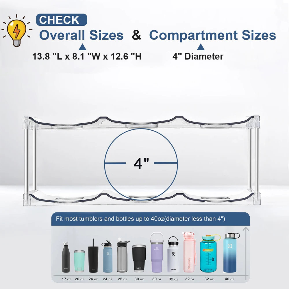 3 Tier Stackable Water Bottle Organizer Plastic Fridge Wine Rack Clear Water Bottle Holder for Cabinet Tumbler Mug Cup Organizer