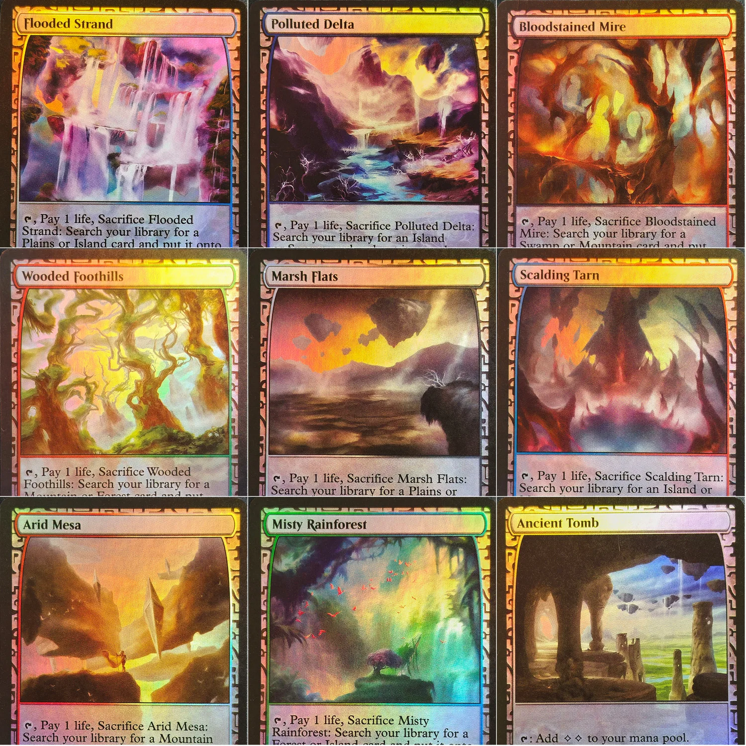 Cartes foil proxy EXP TCG : Delta pollué, Strand inondé, Tombe antique, Scalding Tarn, Forêt tropicale brumeuse, Mesa aride, Collines boisées