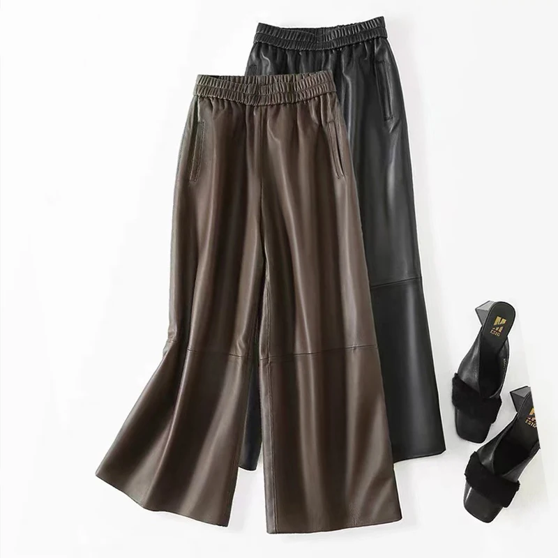 M-4XL Sheepskin Pants for Women 2026 Fall Casual Loose Straight Ankle-length Pants Female Elastic Waist Real Leather Trousers