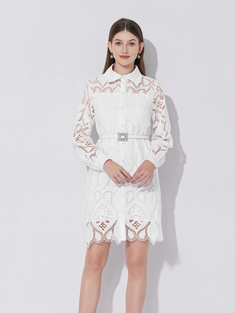 벨트와 고품질 수 놓은 레이스 셔츠 드레스 여성 속이 빈 2025 여름 우아한 긴 소매 미니 드레스 INKEO 5D107
