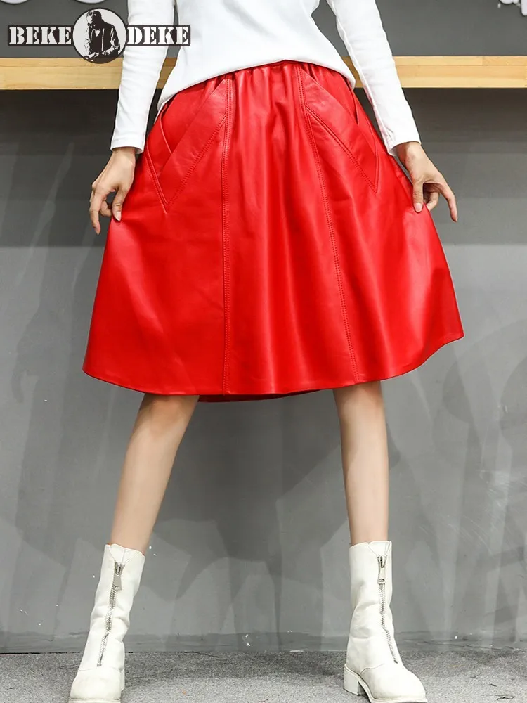 Fashion Autumn Women 100% Natural Sheepskin A Line Skirt Casual Streetwear Lady Knee Length Elastic Waist Genuine Leather Skirts