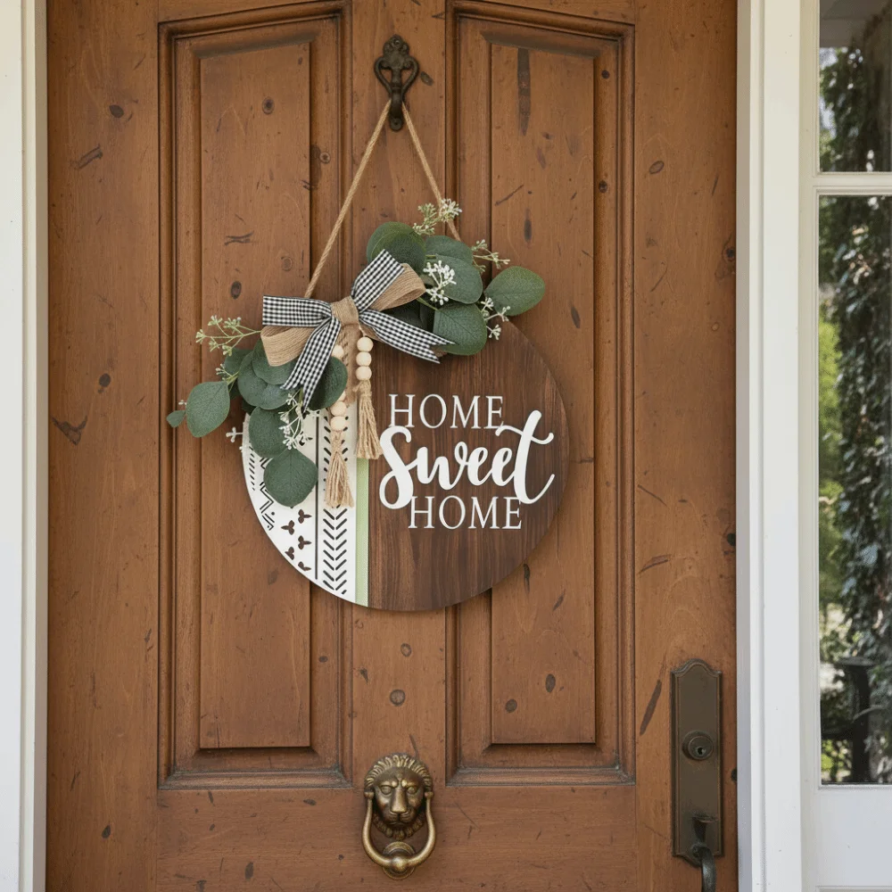 Garlands 2D Flat Welcome Sign Wooden Flower Hanging Decoration Bow Knot Simulated Plant Wall Art Outdoor Decor