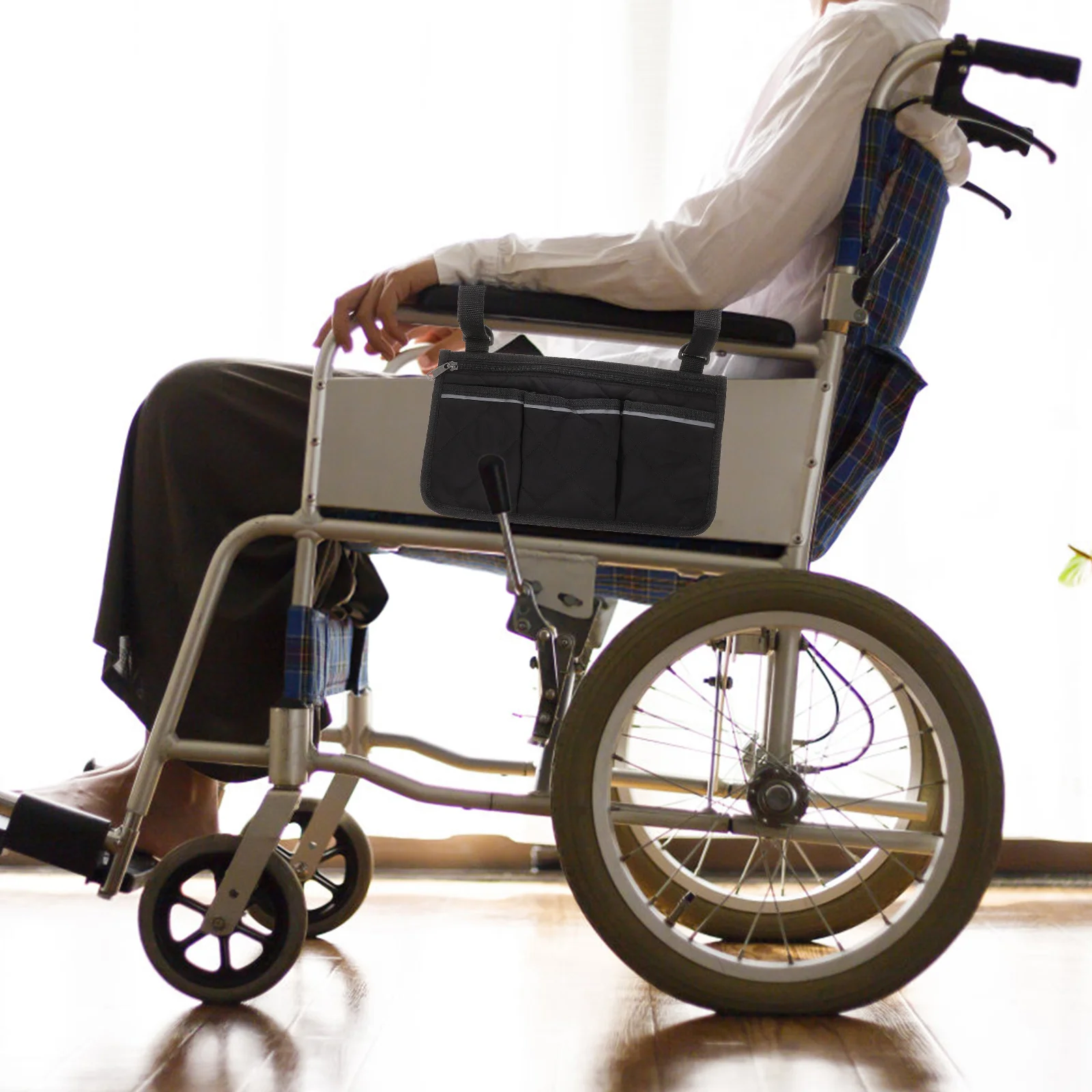 

Wheelchair Side Storage Bag Premium Lightweight Armrest Organizer Reflective Strip Carry Phone Cup Snack Holder