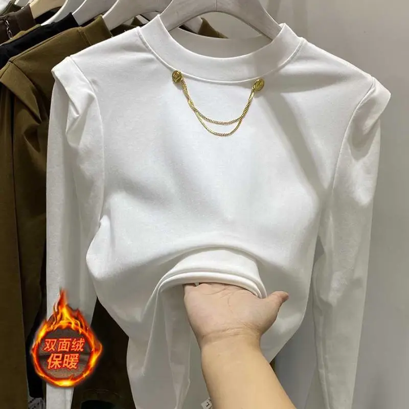 الخريف الألمانية المخملية تي شيرت الوجهين المخملية طويلة الأكمام تصميم تحسس الجولة الرقبة فضفاضة ضئيلة فقاعة الحد الأدنى بلايز عادية #3