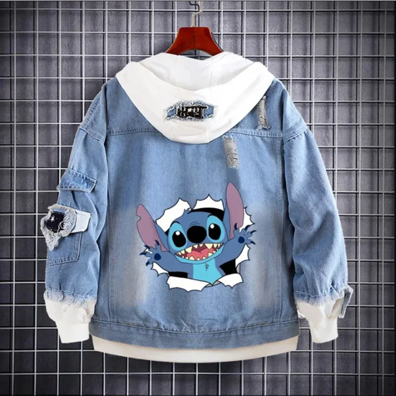 Miniso Disney Stitch Retro Denim Jackets Cartoon Printed Cute Sweatshirts Kids Streetwear Hooded Coats Harajuku Jackets For Men