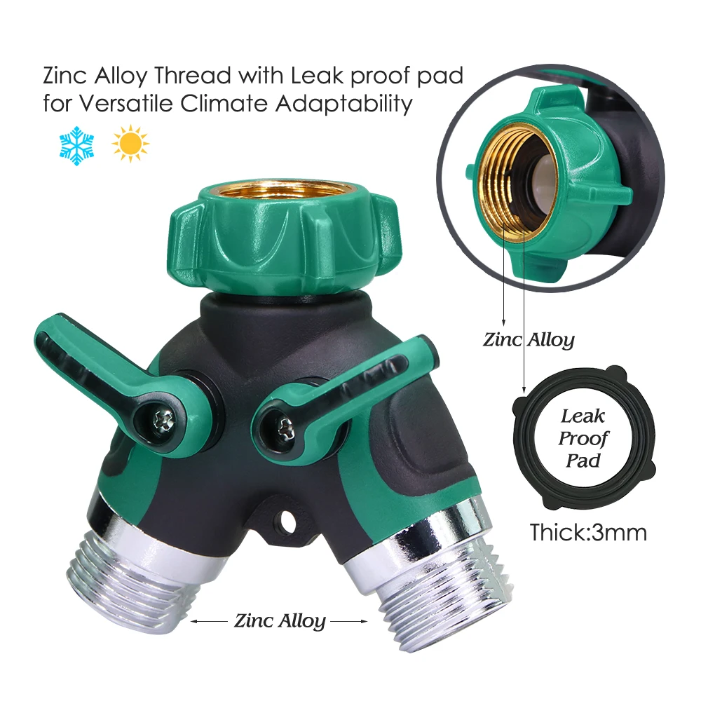 BSP/NPT Heavy Duty 2-Way Garden Hose Watering Splitter 3/4”Thread to 16mm Nipple Y Type Tap Adapter Faucet Connecter with Vlave